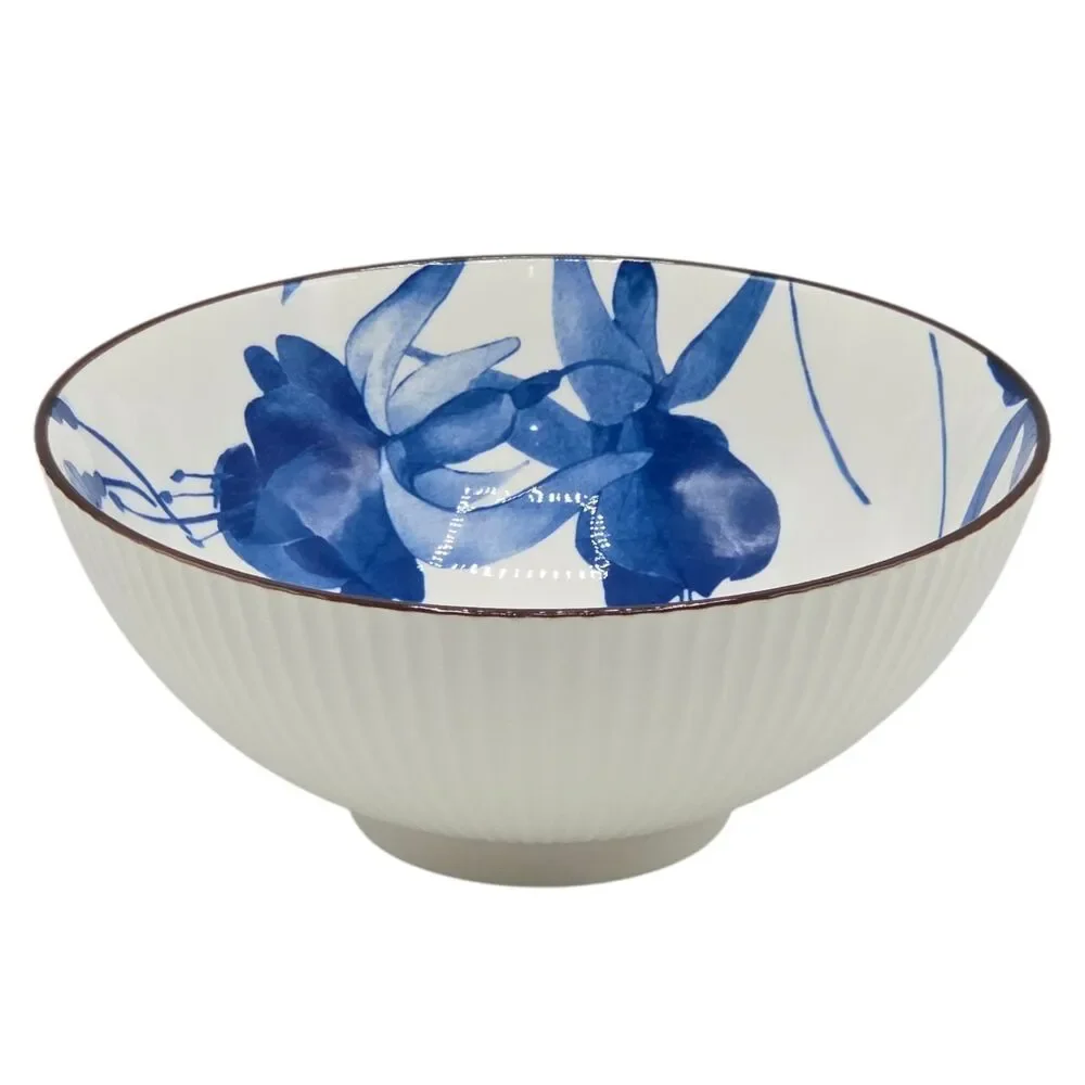 SH‎ Home 42oz Blue Ceramic Ramen Noodle Soup Bowl Chopsticks Spoon Floral Motifs